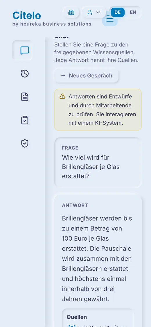 Citelo auf einem Smartphone: Frage und Antwort im Chat. Beispiel mit fiktiven Testdaten.