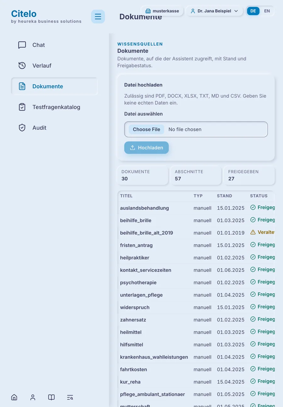 Seite Dokumente mit Wissensquellen, Stand und Freigabestatus. Beispiel mit fiktiven Testdaten.